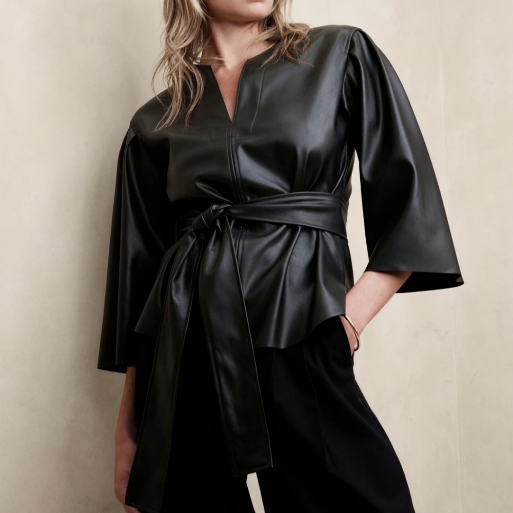 Banana Republic Black Faux Leather Tie-Waist Blouse